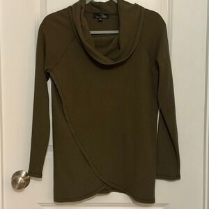 Suzanne Betro Olive Green Waffle Knit Cowl Neck Tunic with Crossover Hem